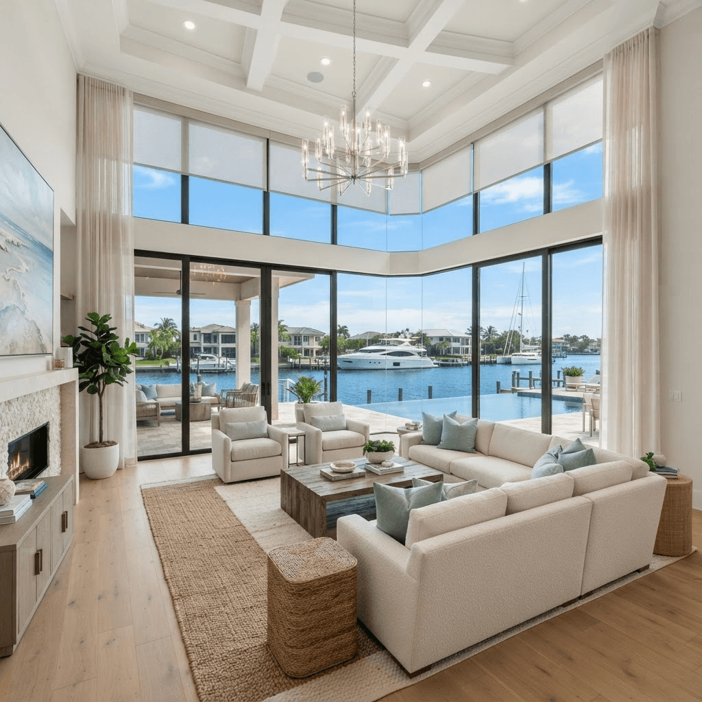 Luxury waterfront home living room in the exclusive gated Weston Pointe enclave of Bay Isles on Longboat Key, overlooking a deep-water lagoon and yachts, dressed in motorized sheer and solar shades