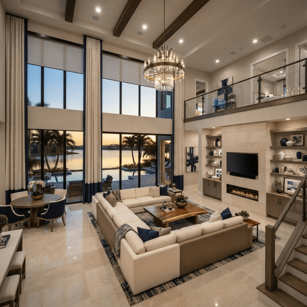 Luxury lakefront estate great room in Wild Blue at Waterside, Lakewood Ranch, with soaring two-story windows, custom drapery, and motorized shades overlooking a large lake