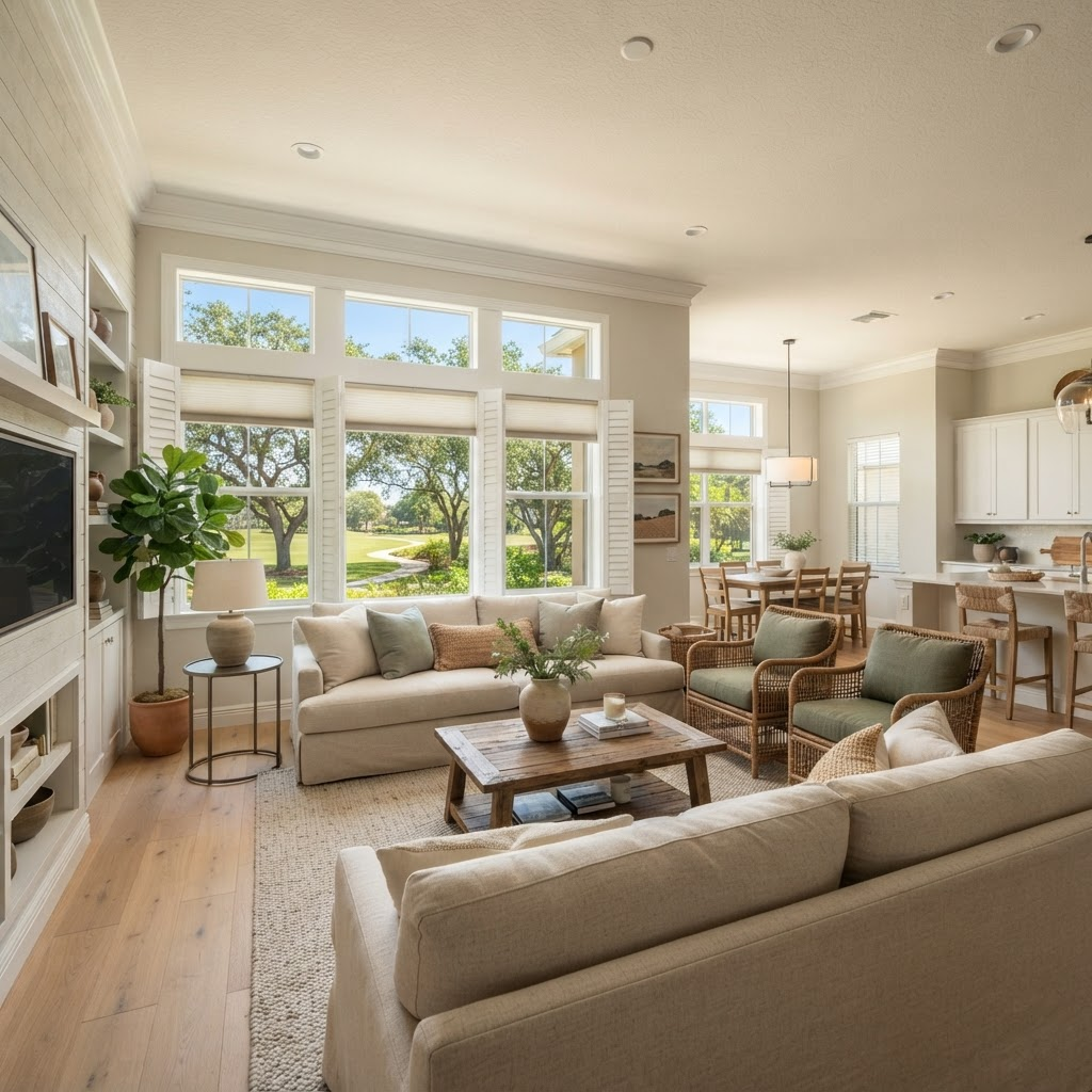 Comfortable living room in a gated Arbor Grande maintenance-free paired villa in Lakewood Ranch with windows facing mature trees and a park, dressed in plantation shutters and cellular shades