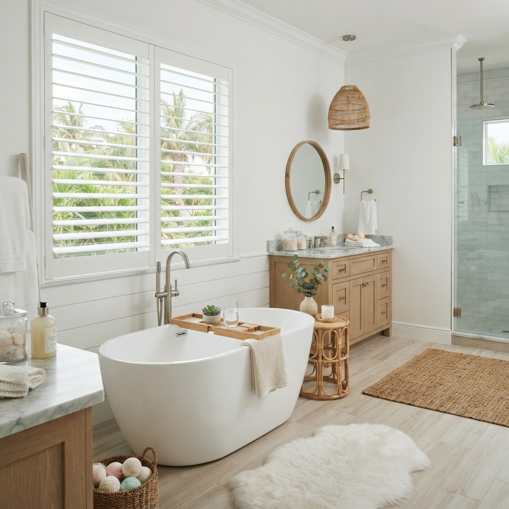 Bright spa-like Florida bathroom with a freestanding tub beside a window fitted with white faux-wood plantation shutters