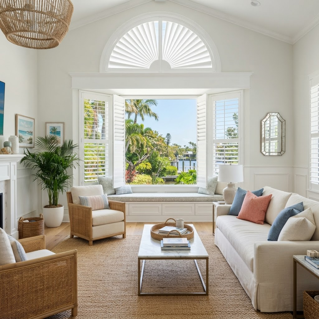 Florida living room with a bay window and arched transom dressed in custom white plantation shutters