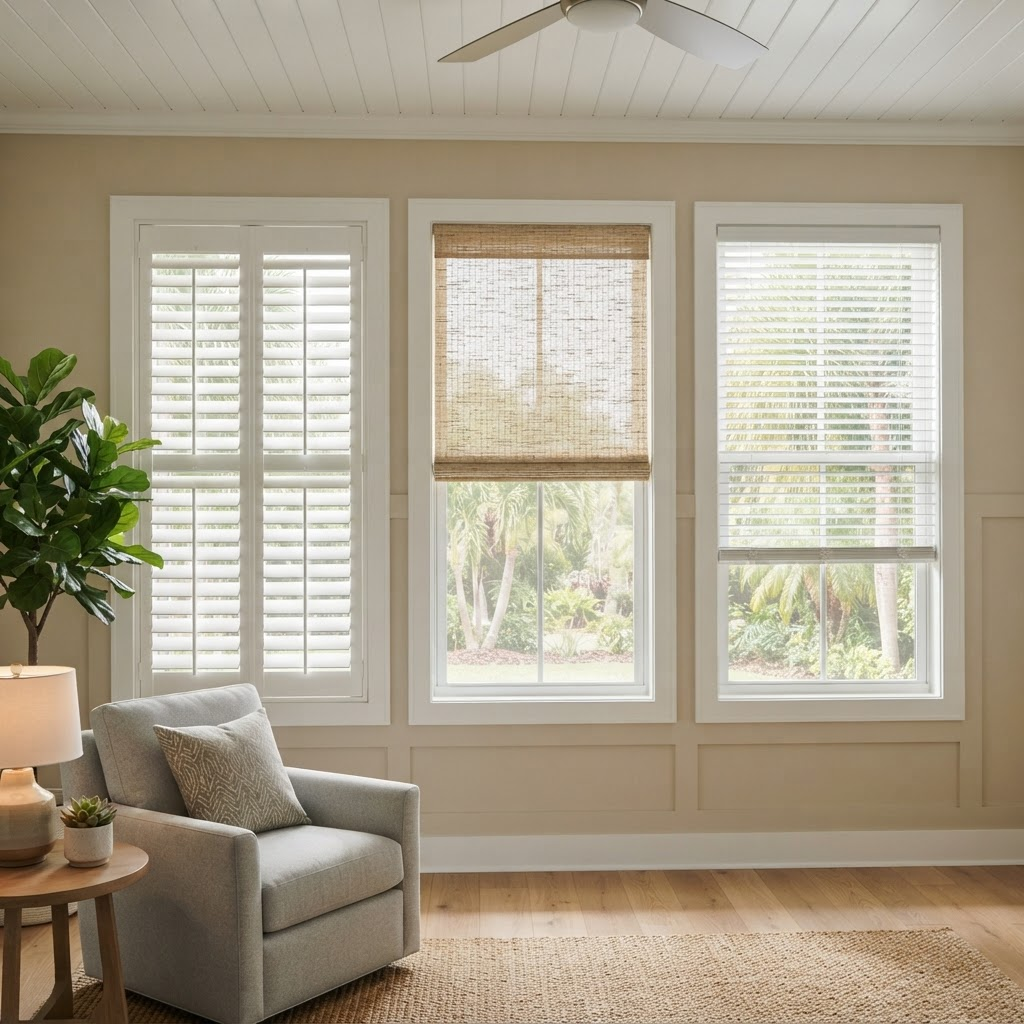 Three adjacent Florida windows showing plantation shutters, a woven roller shade, and horizontal blinds side by side