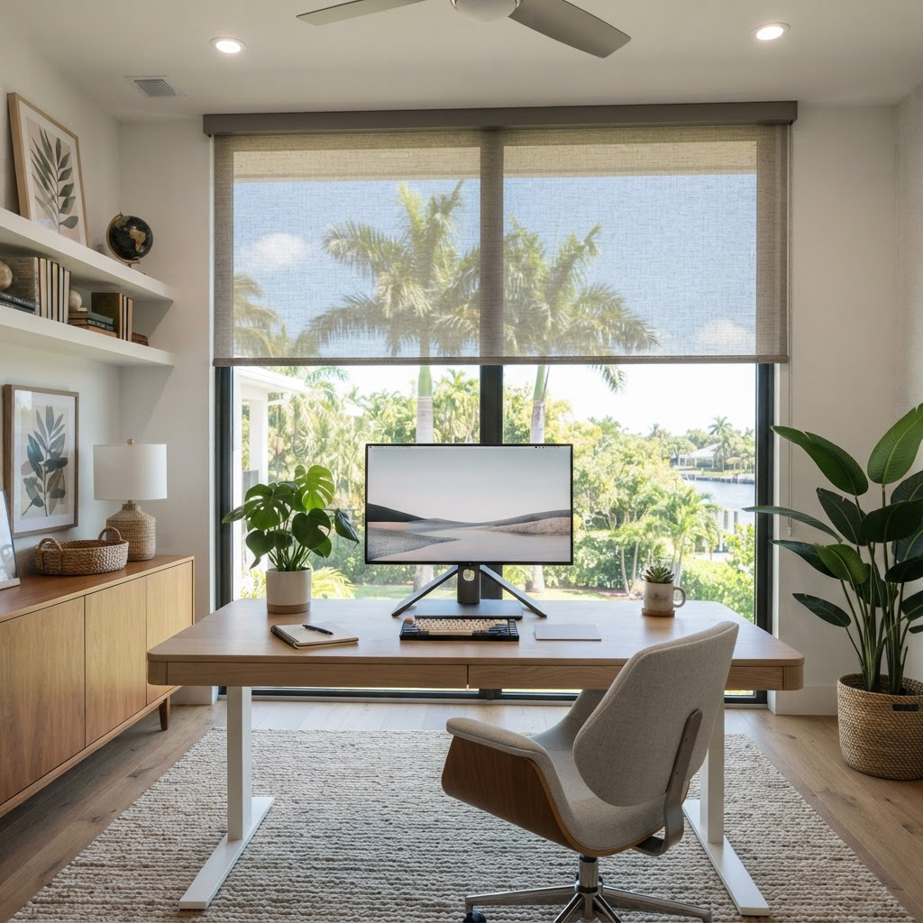 Modern Florida home office with a solar roller shade lowered on a sun-facing window to cut screen glare