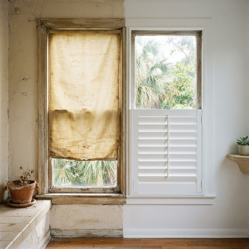 A crisp new white shutter beside an older faded, yellowed shade showing age from Florida sun exposure
