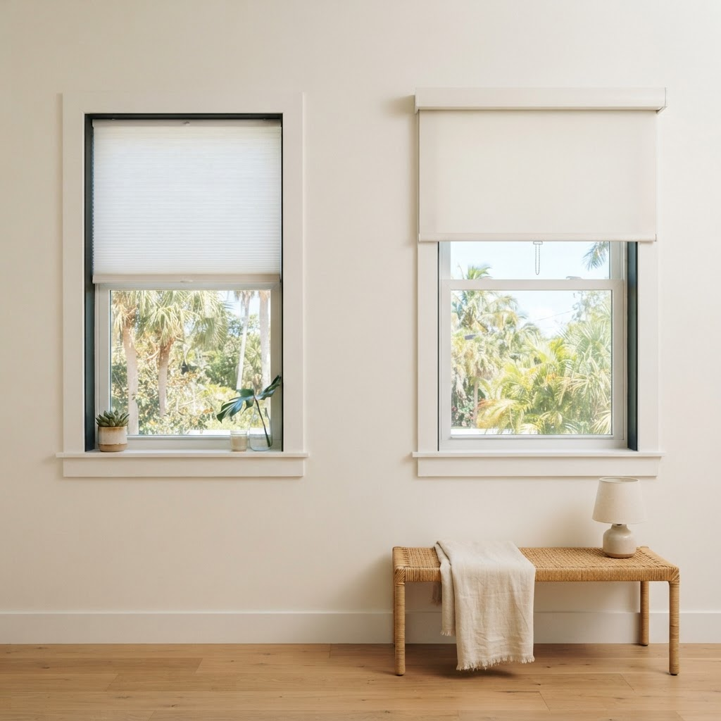 Two Florida windows compared: one with a shade mounted inside the frame, one with a shade mounted outside above the frame