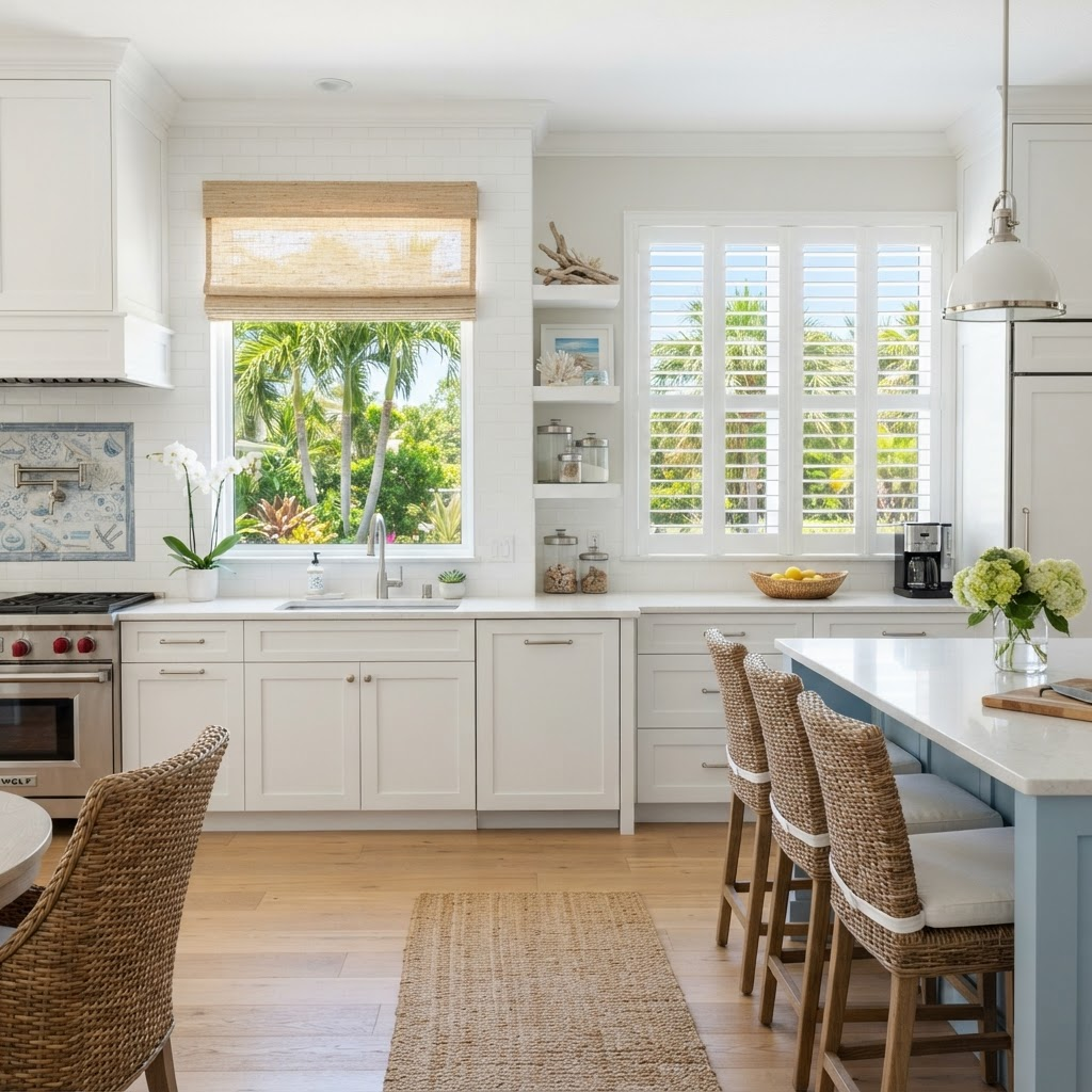 Bright modern Florida kitchen with a woven roller shade over the sink window and faux-wood shutters on a nearby window