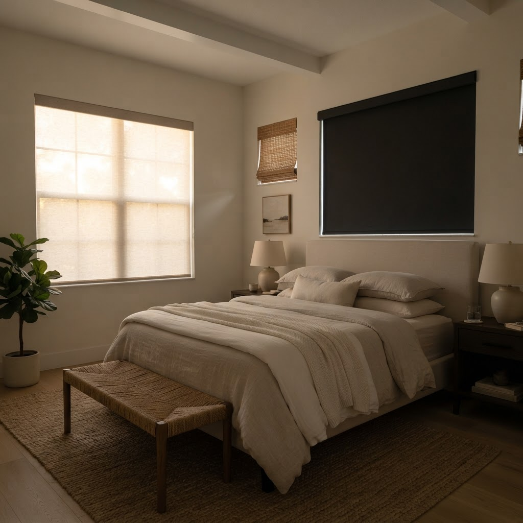 A Florida bedroom with one window softly glowing behind a light-filtering shade and another dimmed by a room-darkening shade