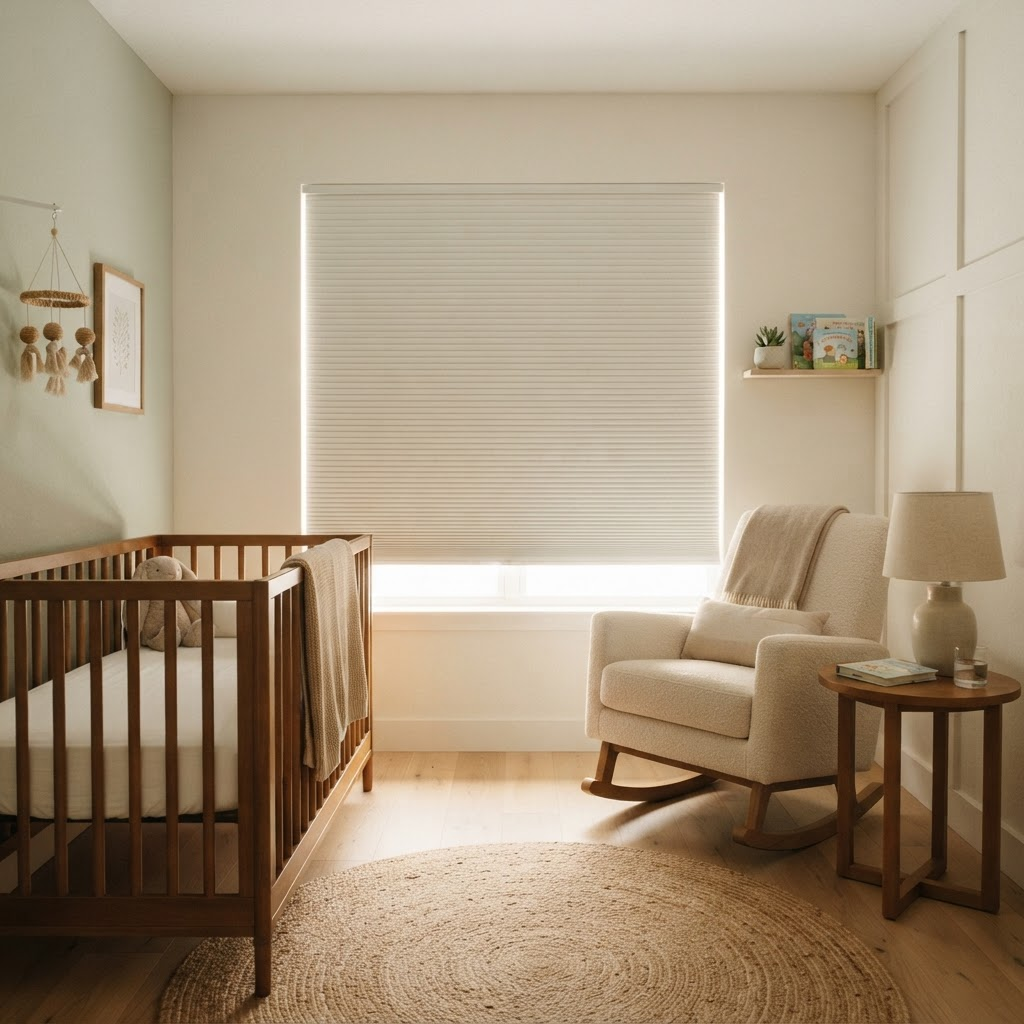 Softly lit Florida nursery with a crib and cordless room-darkening cellular shades lowered on the window