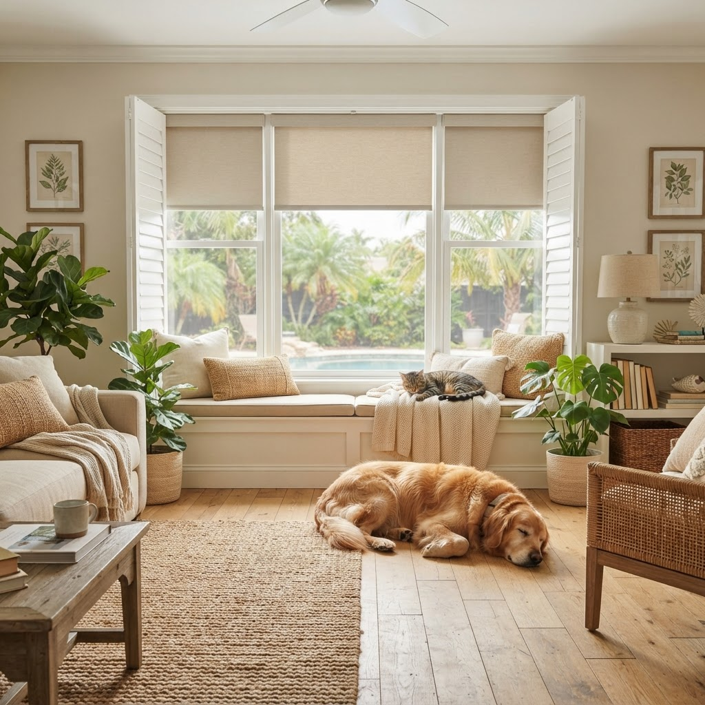 Sunlit Florida living room with a dog and cat resting near a window fitted with cordless shutters and durable roller shades