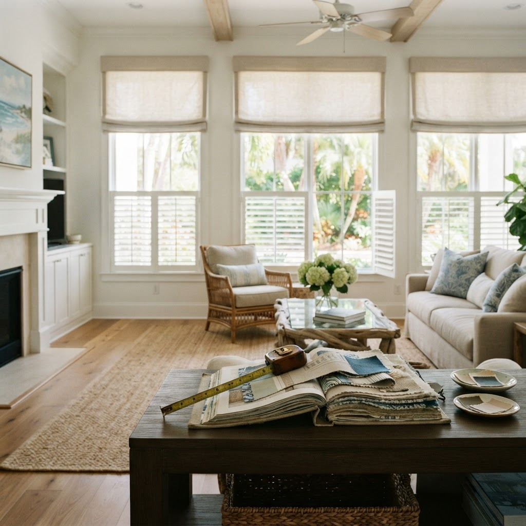 Bright Florida living room with plantation shutters and roller shades, a fabric sample book and measuring tape on a console table