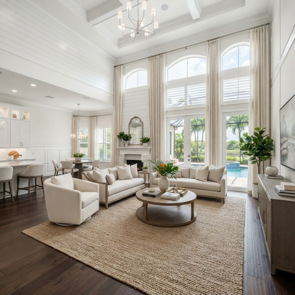 Elegant staged Florida home interior with tall windows dressed in custom white plantation shutters and layered drapery