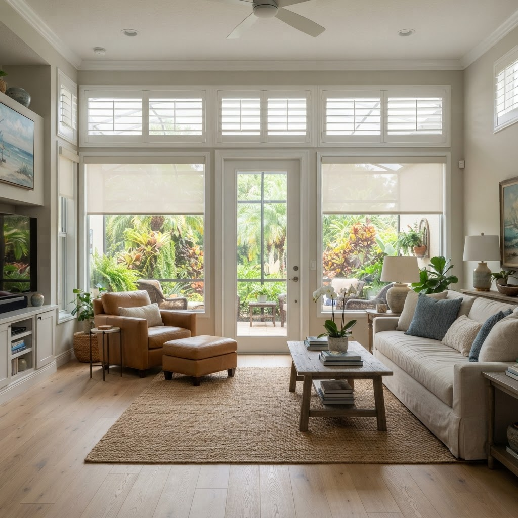 Light-filled living area in a Botanica coach home on Palmer Ranch with a glass door to a garden-view lanai, dressed in plantation shutters and roller shades