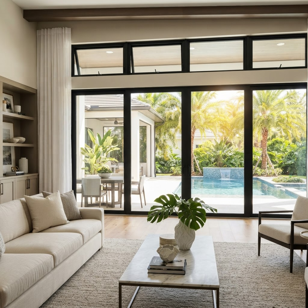 Contemporary black-framed ES Windows energy-efficient impact windows and sliding doors opening to a pool and palm trees