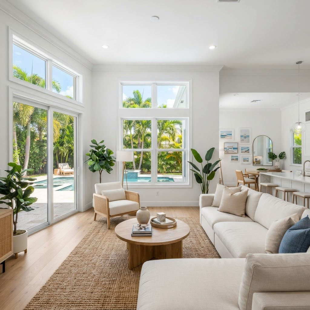 Bright Florida living room with crisp white MI vinyl replacement windows and a sliding glass patio door overlooking palm trees