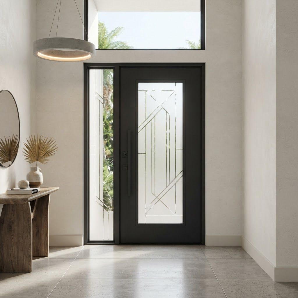 Sleek matte-black modern entry door with a geometric decorative glass insert and a slim sidelight in a minimalist upscale Florida foyer