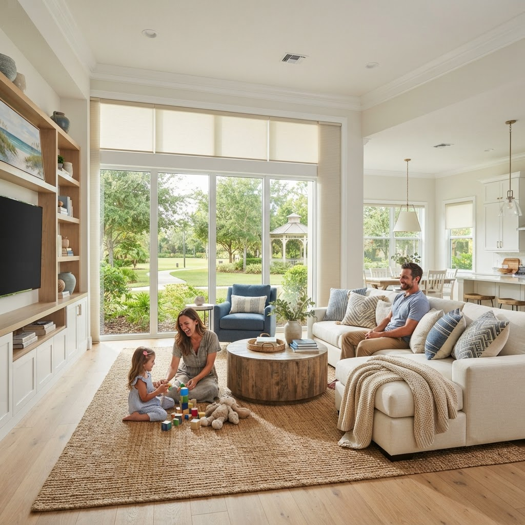 Family living room in a gated Central Park home in Lakewood Ranch with large windows facing a green park, dressed in cordless cellular shades and roller shades