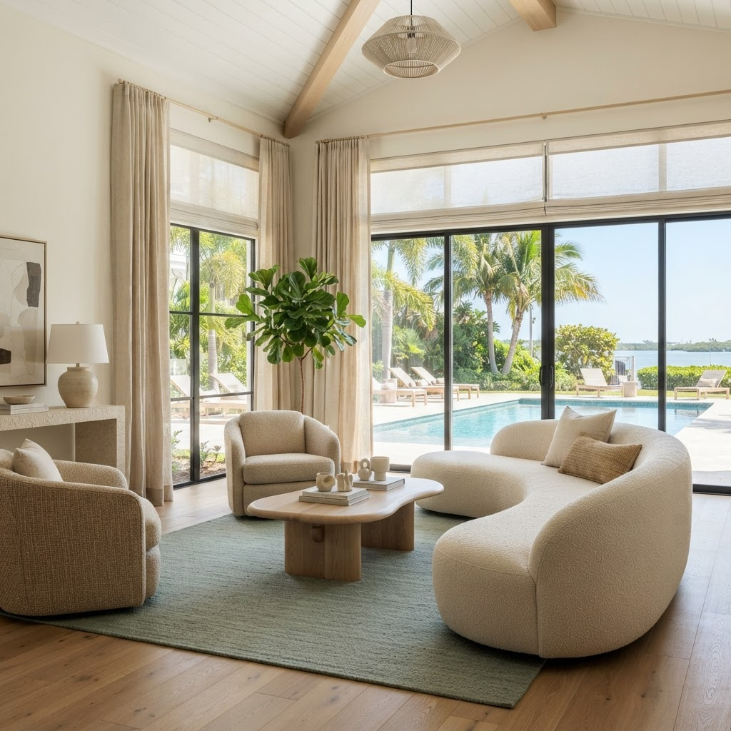 Bright 2026 coastal-modern Sarasota living room with linen roller shades and natural drapery over floor-to-ceiling windows overlooking a pool