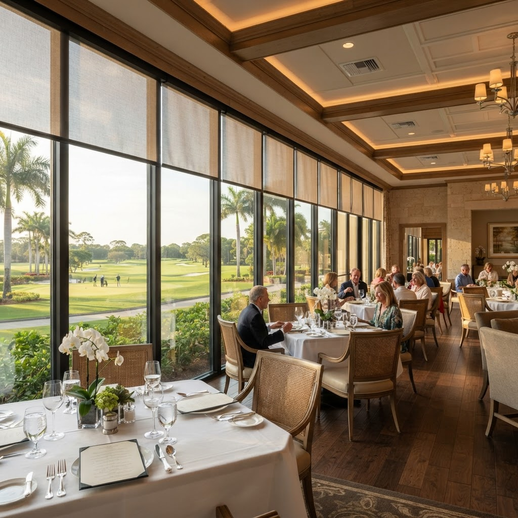 Country club clubhouse dining room with motorized solar shades and floor-to-ceiling views of a golf course