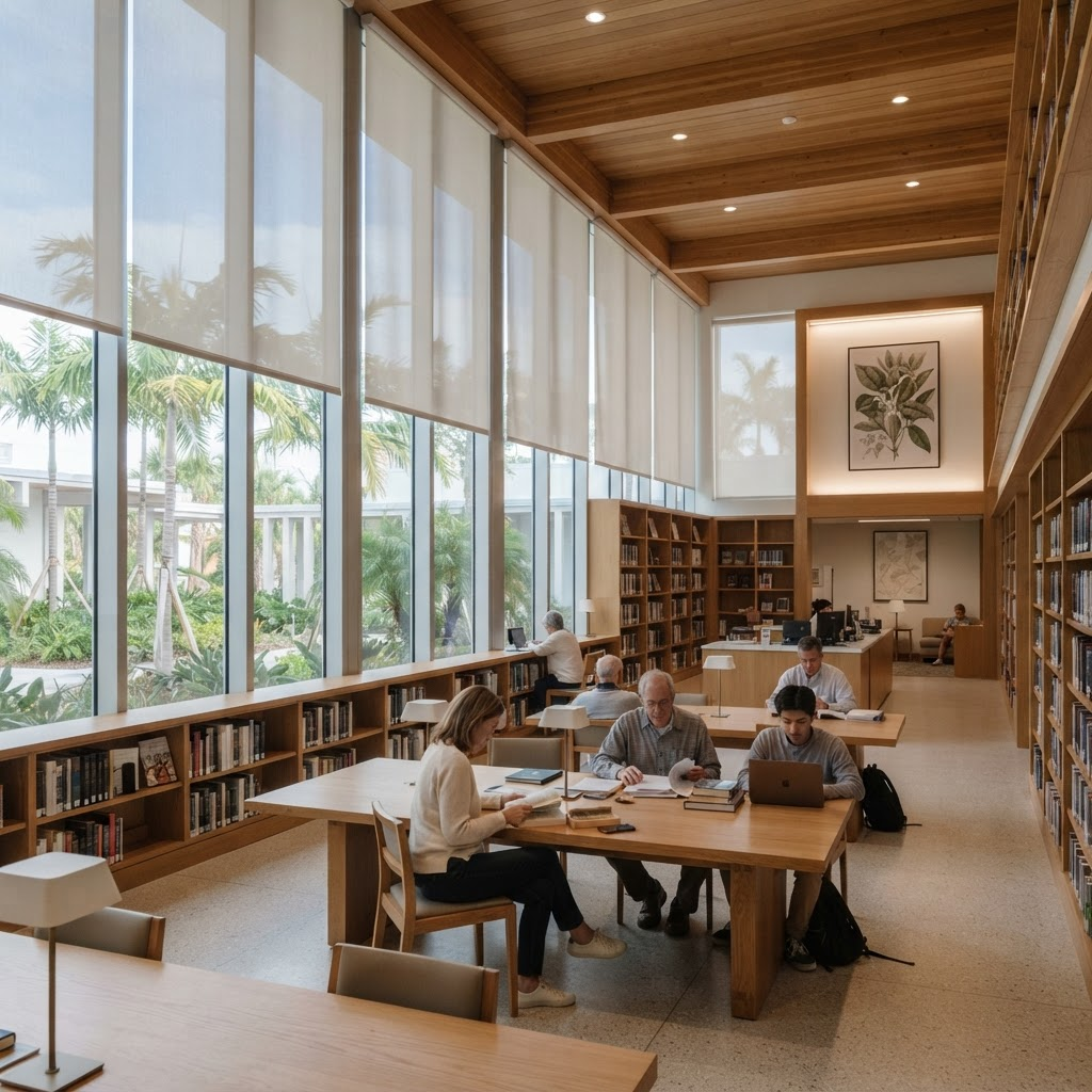 Bright library reading room with solar roller shades protecting books and materials from UV