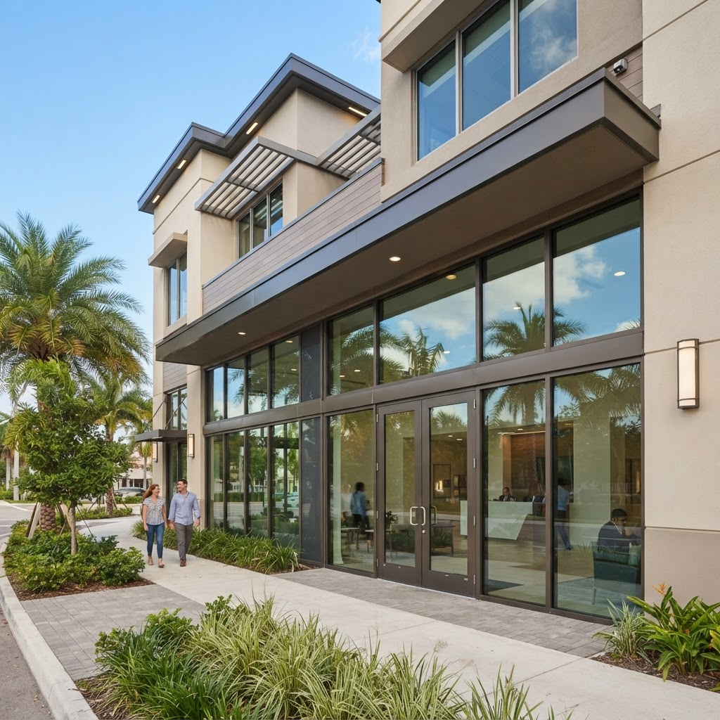 Commercial building storefront with impact-rated glass windows and aluminum-framed glass entry doors installed by Sarasota Window Blinds