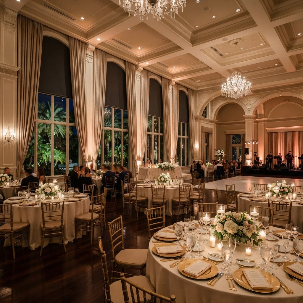 Elegant event and wedding ballroom with floor-length drapery and blackout shades for dimming