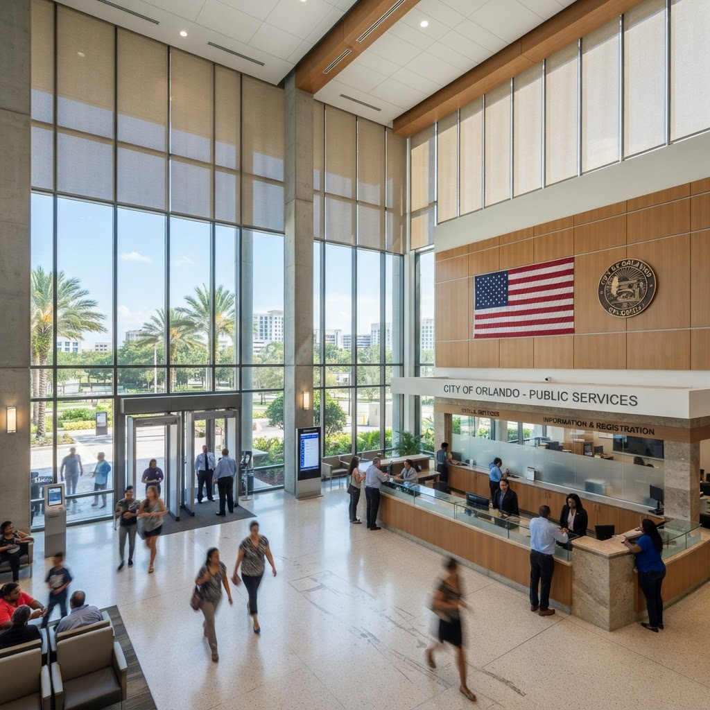 Government municipal building lobby with commercial solar shades controlling glare at a public service counter