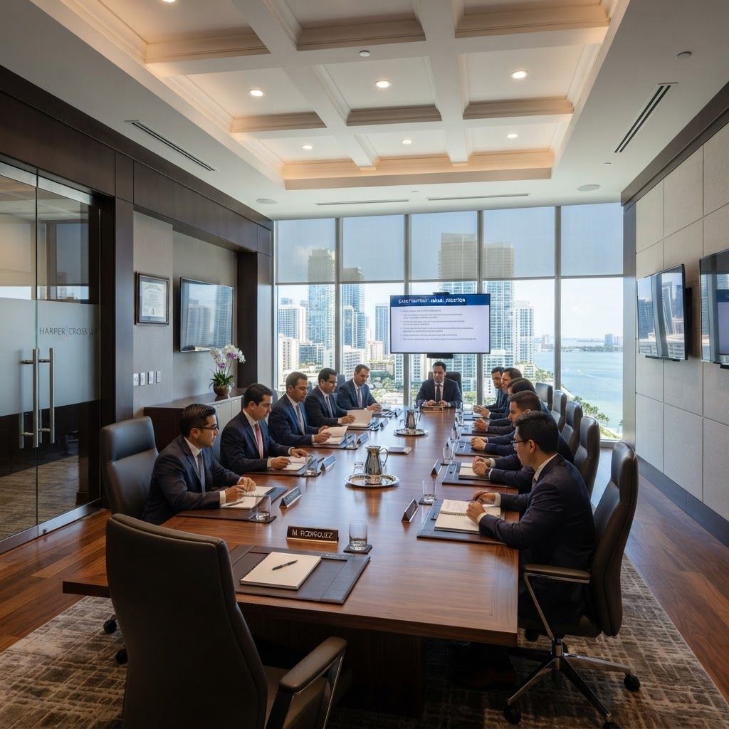 Sophisticated law firm conference room with floor-to-ceiling windows and solar shades controlling glare on screens