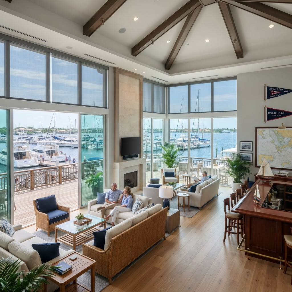 Yacht club clubhouse with large windows overlooking docked boats and water, with commercial solar shades cutting glare