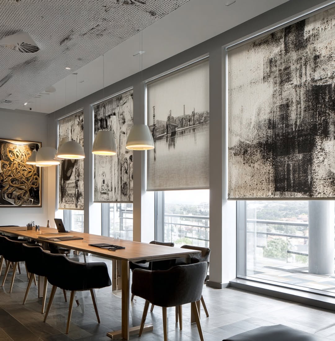 Modern commercial office lobby with elegant solar roller shades