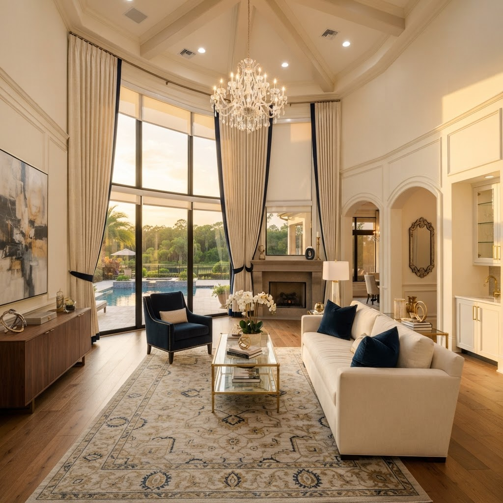 Elegant living room in Aria, Nokomis, with custom drapery and plantation shutters by Sarasota Window Blinds