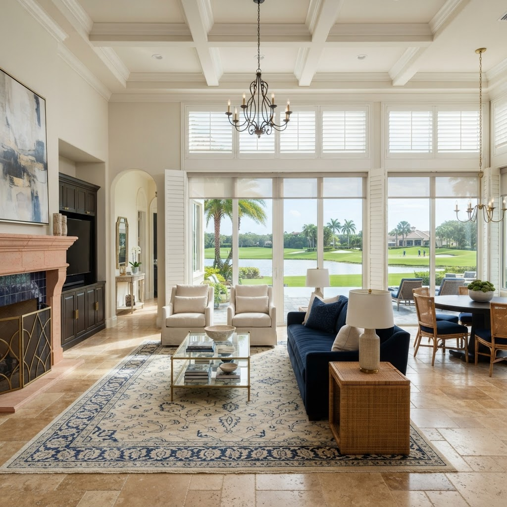 Luxury Naples Florida interior with custom drapery and plantation shutters overlooking a golf course and Gulf light