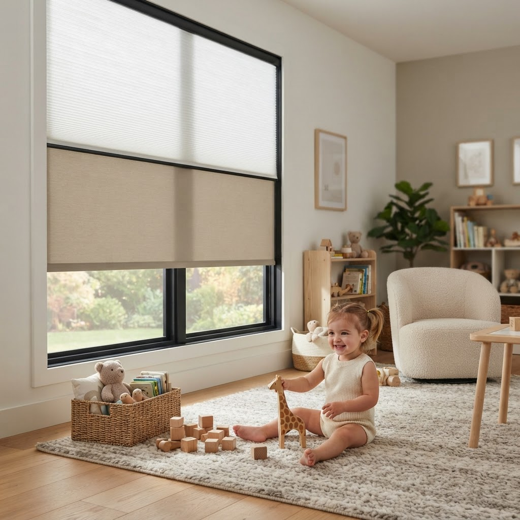 A toddler playing safely near a large window fitted with cordless roller and cellular shades with no visible cords