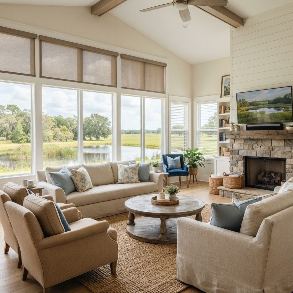 Living room in a large-lot acreage home in the Foxbrook community near Parrish and Myakka City with big windows overlooking a pond and open green space, dressed in faux-wood blinds and roller shades