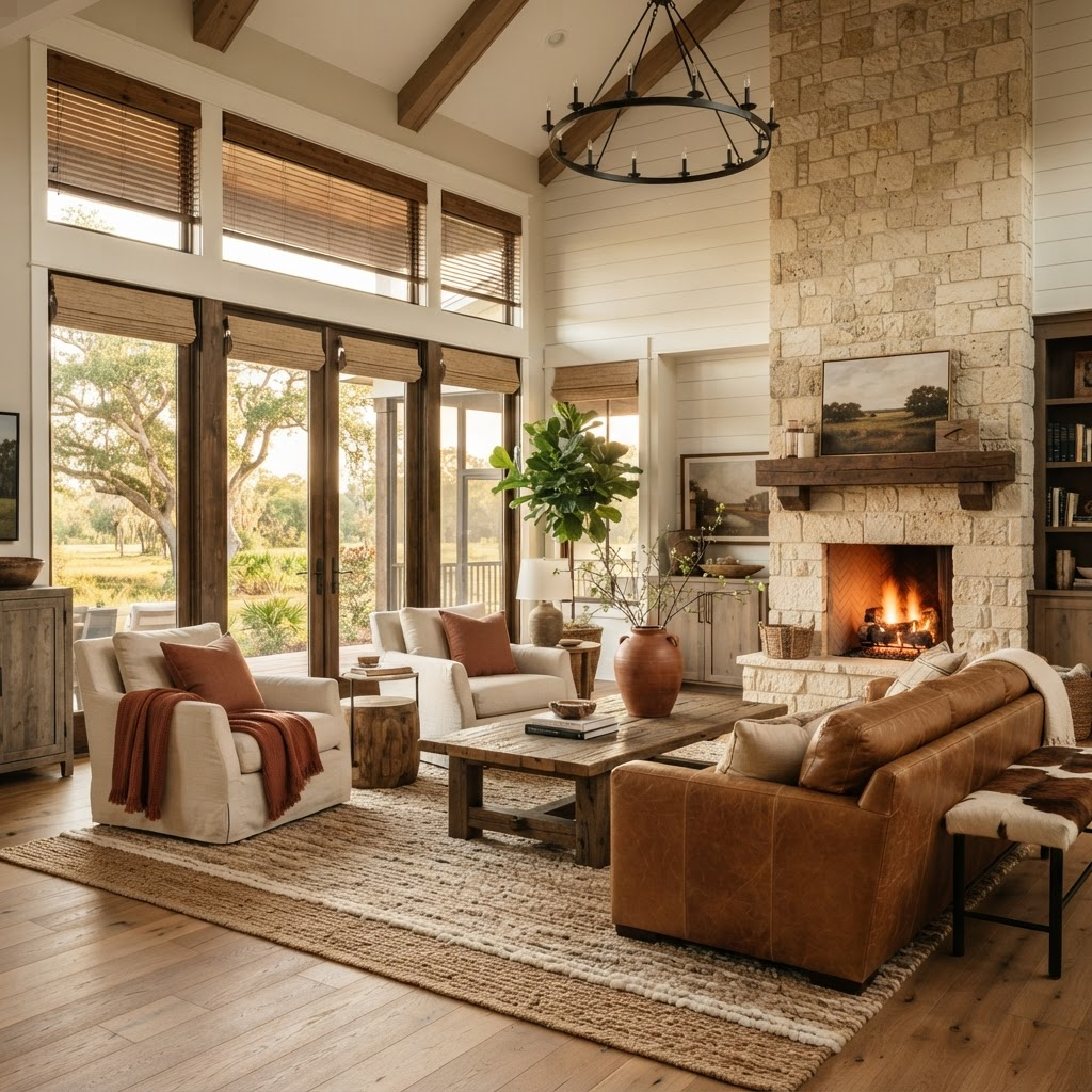 Living room in a large acreage home in Foxwood at Panther Ridge near Myakka City with wide windows overlooking mature oaks and open land, dressed in wood blinds and roller shades
