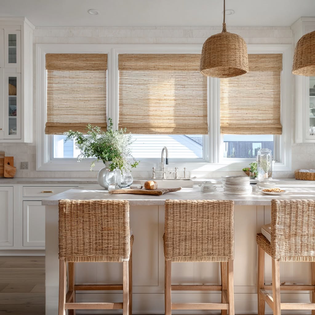 Luxury great room with custom white plantation shutters framing tall coastal windows — product style example for Bird Key homes