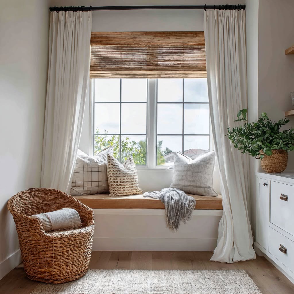 Modern luxury kitchen with natural woven shades — product style example for Bird Key homes