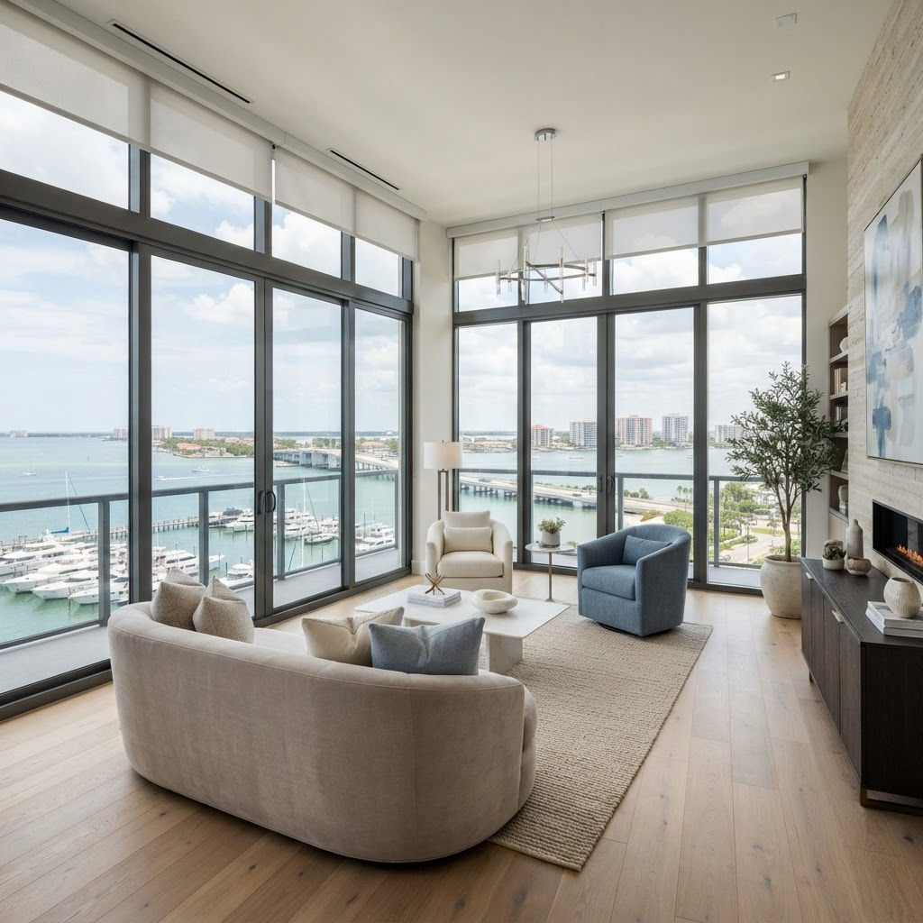 Luxury high-rise condominium living room on Golden Gate Point with floor-to-ceiling windows overlooking Sarasota Bay and the marina, dressed in motorized sheer roller shades