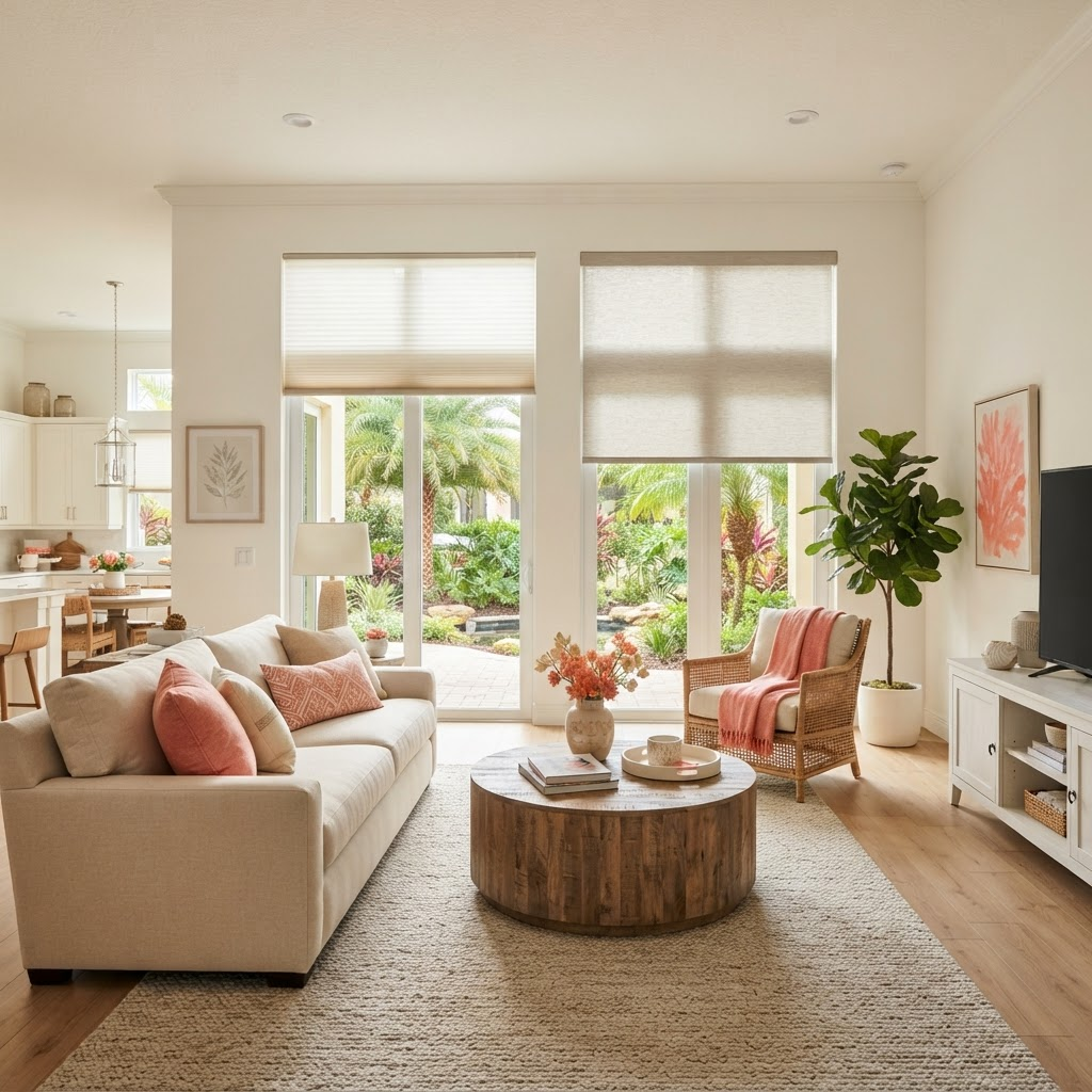 Comfortable living room in a maintenance-free home in the Harmony community at Lakewood Ranch with windows facing a landscaped courtyard, dressed in cordless cellular shades and roller shades