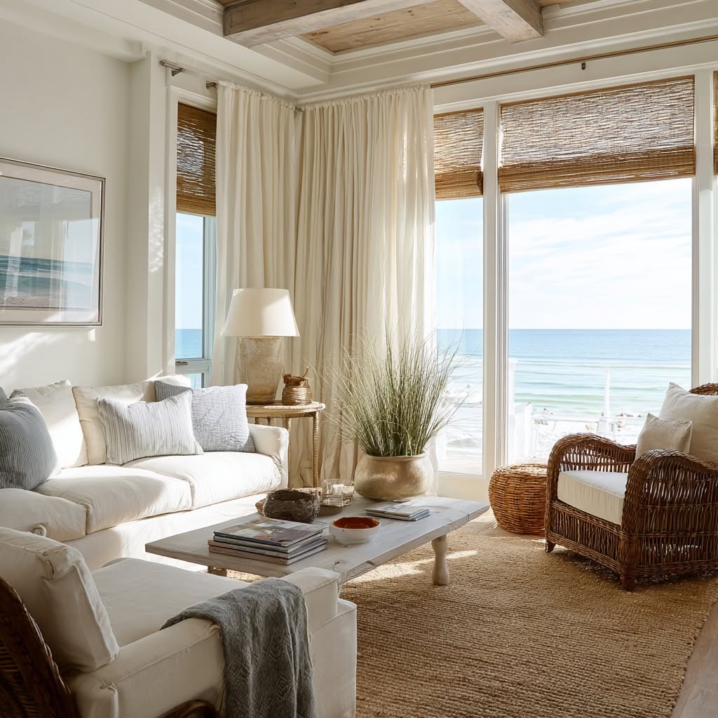 Palmer Ranch Sarasota living room with plantation shutters and layered drapery