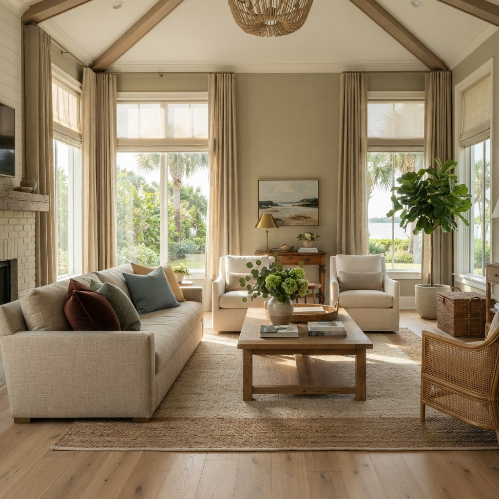 Sunlit Sarasota living room styled in the warm, earthy 2026 'Honest Essentials' palette with natural linen drapery
