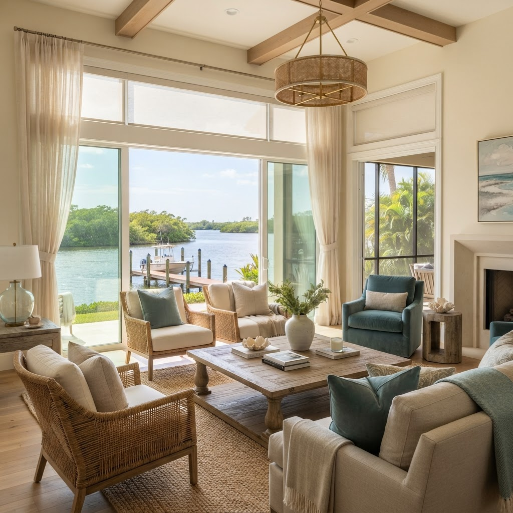 Living room in an upscale Hudson Bayou home in Sarasota overlooking a mangrove-lined bayou with a private dock, dressed in solar roller shades and soft sheer drapery