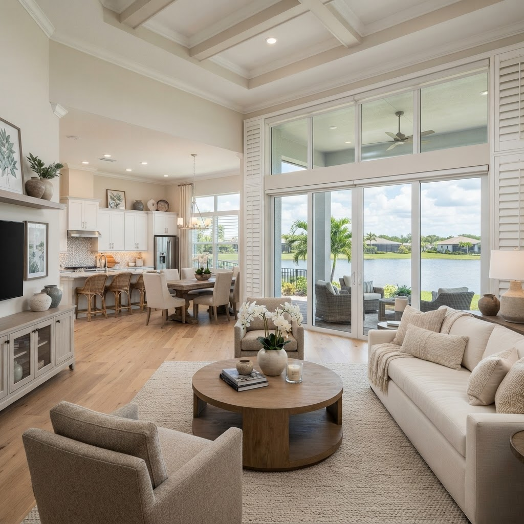 Bright living area in Huntington Pointe on Palmer Ranch with lakefront windows dressed in easy-to-operate motorized roller shades and plantation shutters