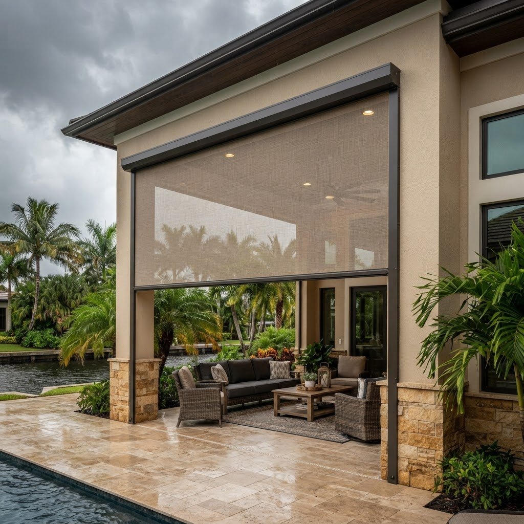 Motorized roll-down hurricane protection screens lowered over a Florida home’s lanai before a storm