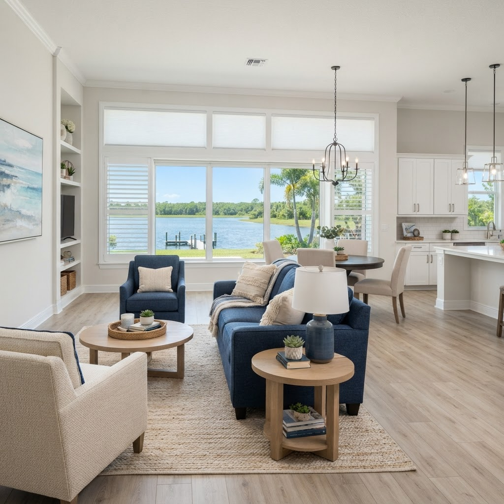 Bright maintenance-free home living room in the gated Indigo community in Lakewood Ranch overlooking a lake, dressed in cordless cellular shades and plantation shutters