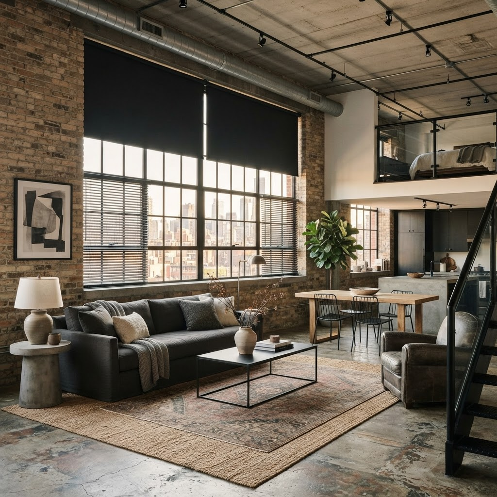 An industrial loft with black metal-framed factory windows dressed in matte-black roller shades and metal venetian blinds