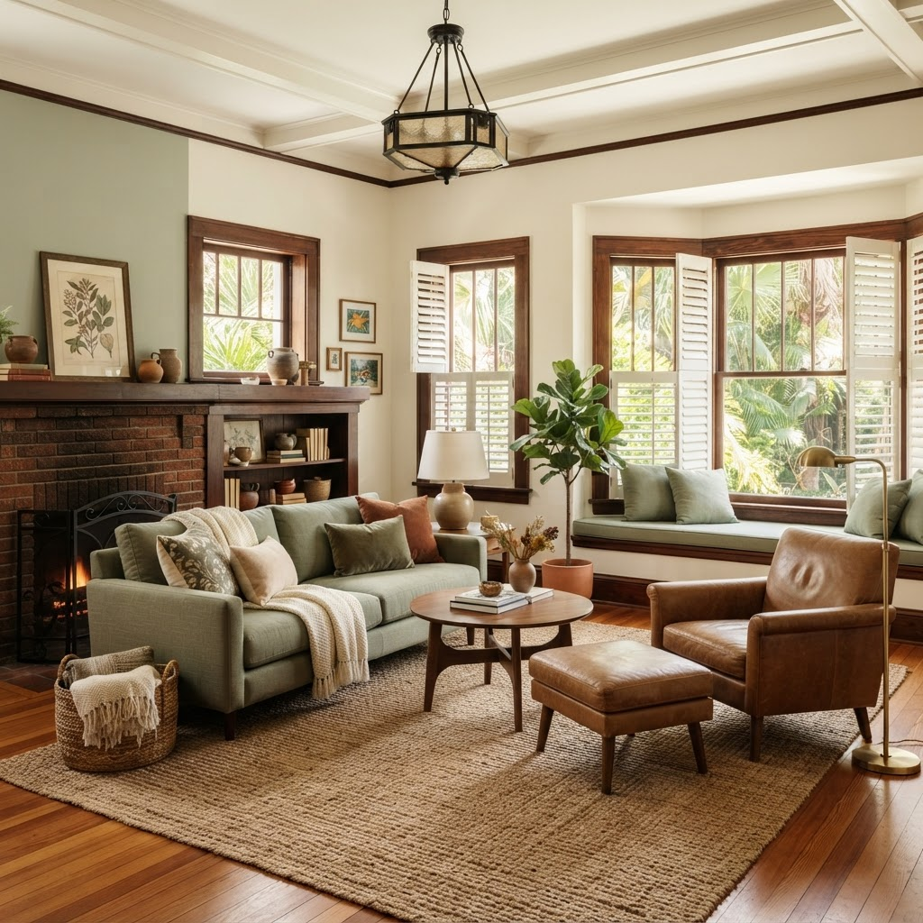Restored 1920s craftsman bungalow living room in Laurel Park, downtown Sarasota, with original wood-trimmed windows dressed in white plantation shutters