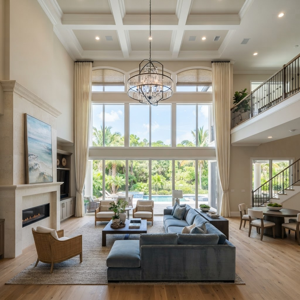 Grand new-construction estate great room in Legacy Estates on Palmer Ranch with soaring two-story impact glass overlooking a preserve, floor-length custom drapery, and motorized shades on the high transoms