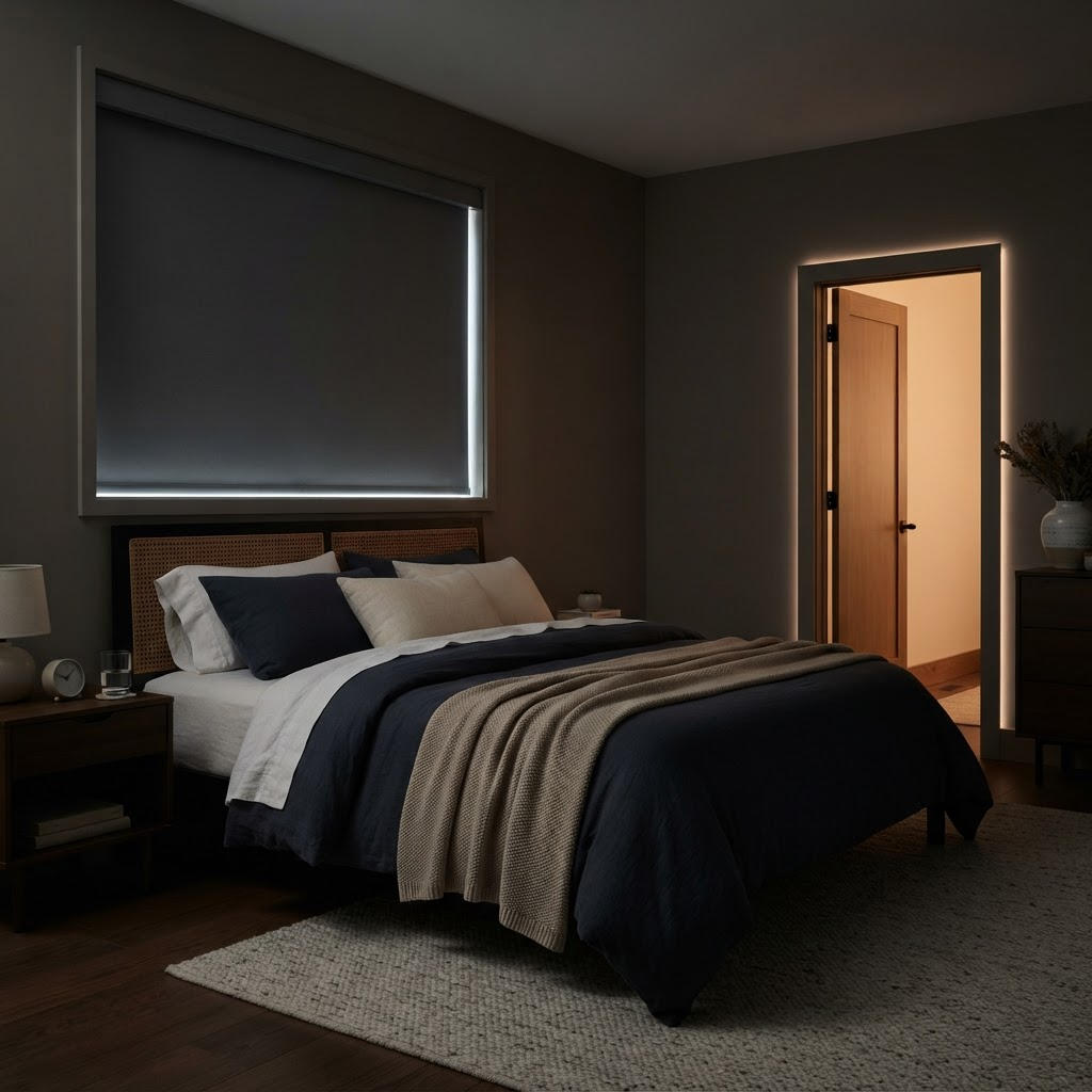 A bedroom with blackout shades beside a living area with solar shades preserving the view