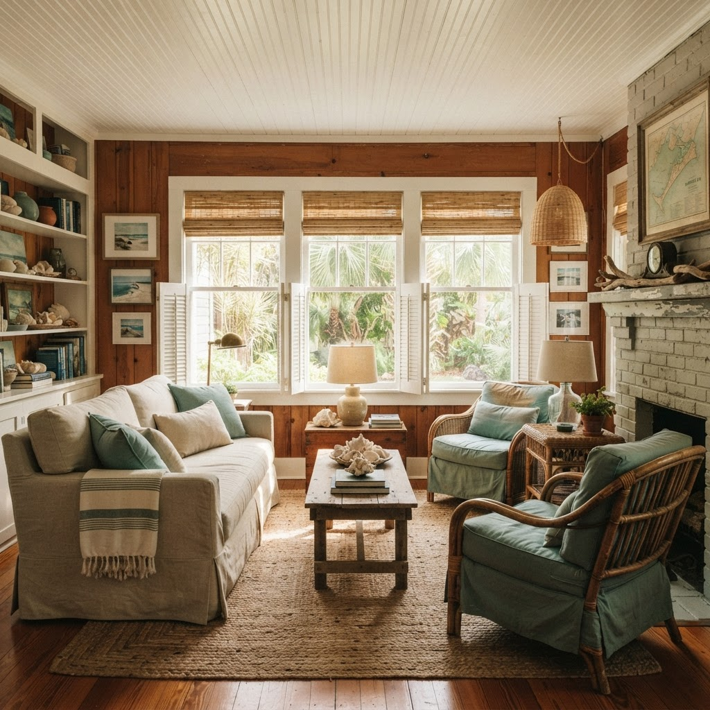 Charming old-Florida cottage living room in the historic Longbeach Village on the north end of Longboat Key, dressed in white plantation shutters and woven wood shades