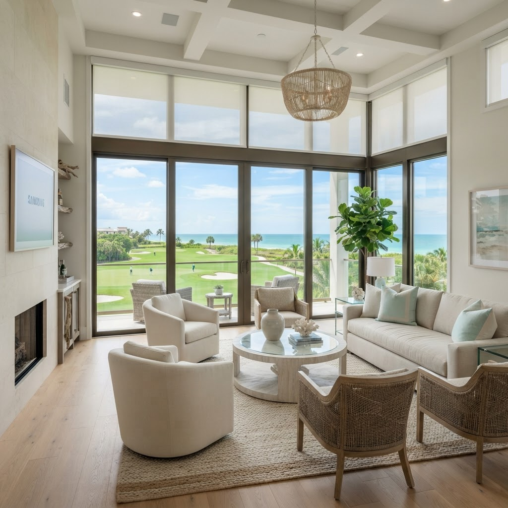 Resort-style living room in the gated Longboat Key Club Islandside with floor-to-ceiling windows overlooking a golf course and the Gulf of Mexico, dressed in motorized sheer and solar roller shades